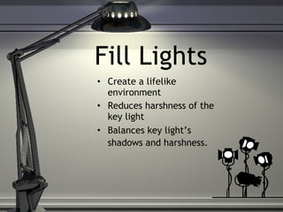 Fill Lights Create a lifelike environment Reduces harshness of the key light Balances key light’s shadows and harshness.   