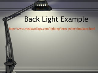 Back Light Example http://www.mediacollege.com/lighting/three-point/simulator.html   