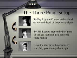The Three Point Setup Set Key Light to Contour and establish texture and depth of the primary figure Set Fill Light to reduce the harshness of the key light and give the scene more realism Give the shot three dimensions by carefully positioning a back light. 