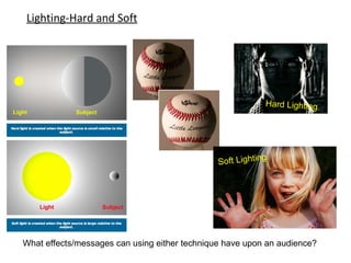 Lighting-Hard and Soft Hard Lighting Soft Lighting What effects/messages can using either technique have upon an audience? 