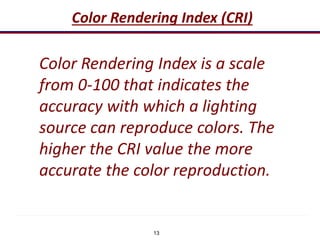 13
Color Rendering Index (CRI)
Color Rendering Index is a scale
from 0-100 that indicates the
accuracy with which a lighting
source can reproduce colors. The
higher the CRI value the more
accurate the color reproduction.
 