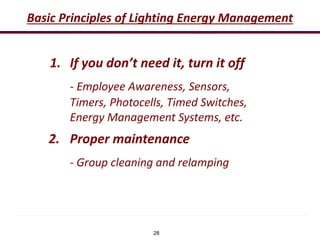 28
Basic Principles of Lighting Energy Management
1. If you don’t need it, turn it off
- Employee Awareness, Sensors,
Timers, Photocells, Timed Switches,
Energy Management Systems, etc.
2. Proper maintenance
- Group cleaning and relamping
 