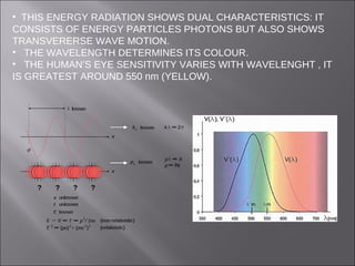 • THIS ENERGY RADIATION SHOWS DUAL CHARACTERISTICS: IT
CONSISTS OF ENERGY PARTICLES PHOTONS BUT ALSO SHOWS
TRANSVERERSE WAVE MOTION.
• THE WAVELENGTH DETERMINES ITS COLOUR.
• THE HUMAN’S EYE SENSITIVITY VARIES WITH WAVELENGHT , IT
IS GREATEST AROUND 550 nm (YELLOW).
 