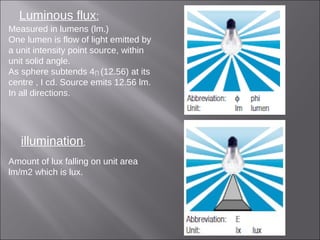 Luminous flux:
Measured in lumens (lm.)
One lumen is flow of light emitted by
a unit intensity point source, within
unit solid angle.
As sphere subtends 4∏ (12.56) at its
centre , I cd. Source emits 12.56 lm.
In all directions.
illumination:
Amount of lux falling on unit area
lm/m2 which is lux.
 