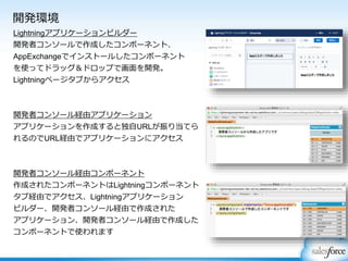 開発環境
Lightningアプリケーションビルダー
開発者コンソールで作成したコンポーネント、
AppExchangeでインストールしたコンポーネント
を使ってドラッグ＆ドロップで画面を開発。
Lightningページタブからアクセス
開発者コンソール経由アプリケーション
アプリケーションを作成すると独自URLが振り当てら
れるのでURL経由でアプリケーションにアクセス
開発者コンソール経由コンポーネント
作成されたコンポーネントはLightningコンポーネント
タブ経由でアクセス、Lightningアプリケーション
ビルダー、開発者コンソール経由で作成された
アプリケーション、開発者コンソール経由で作成した
コンポーネントで使われます
 