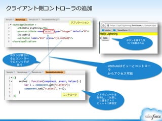 クライアント側コントローラの追加
ボタンを押すたび
に１加算される
アトリビュートを
取得し、１加算し
た値をアトリ
ビュートに再設定
attributeはビューとコントロー
ラ
からアクセス可能
ボタンが押され
るとコントロー
ラのメソッドが
実行
 