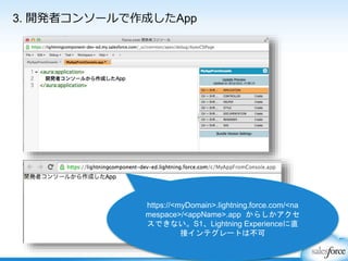 3. 開発者コンソールで作成したApp
https://<myDomain>.lightning.force.com/<na
mespace>/<appName>.app からしかアクセ
スできない。S1、Lightning Experienceに直
接インテグレートは不可
 