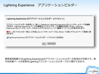 Lightning Experience アプリケーションビルダー
開発者用組織ではLightning Experienceのアプリケーションビルダーの有効化が可能です。取
引先詳細ページの変更をLightningアプリケーションビルダーで行う事ができます。
 