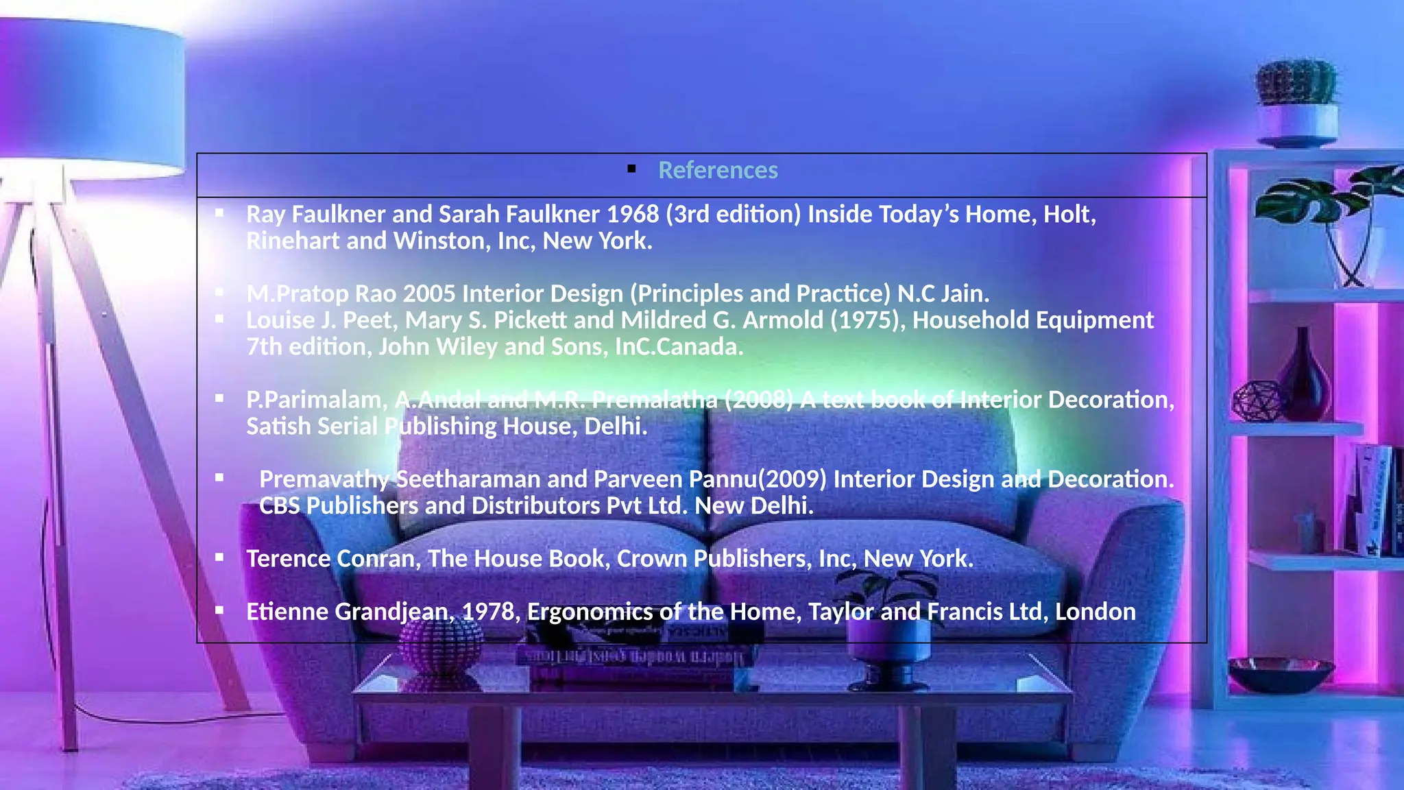  References
 Ray Faulkner and Sarah Faulkner 1968 (3rd edition) Inside Today’s Home, Holt,
Rinehart and Winston, Inc, New York.
 M.Pratop Rao 2005 Interior Design (Principles and Practice) N.C Jain.
 Louise J. Peet, Mary S. Pickett and Mildred G. Armold (1975), Household Equipment
7th edition, John Wiley and Sons, InC.Canada.
 P.Parimalam, A.Andal and M.R. Premalatha (2008) A text book of Interior Decoration,
Satish Serial Publishing House, Delhi.
 Premavathy Seetharaman and Parveen Pannu(2009) Interior Design and Decoration.
CBS Publishers and Distributors Pvt Ltd. New Delhi.
 Terence Conran, The House Book, Crown Publishers, Inc, New York.
 Etienne Grandjean, 1978, Ergonomics of the Home, Taylor and Francis Ltd, London
 