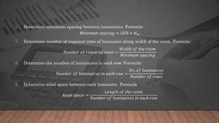 6. Determine minimum spacing between luminaires. Formula:
𝑀𝑖𝑛𝑖𝑚𝑢𝑚 𝑠𝑝𝑎𝑐𝑖𝑛𝑔 = 𝑆𝐻𝑅 × 𝐻 𝑚
7. Determine number of required rows of luminaire along width of the room. Formula:
𝑁𝑢𝑚𝑏𝑒𝑟 𝑜𝑓 𝑟𝑒𝑞𝑢𝑖𝑟𝑒𝑑 𝑟𝑜𝑤𝑠 =
𝑊𝑖𝑑𝑡ℎ 𝑜𝑓 𝑡ℎ𝑒 𝑟𝑜𝑜𝑚
𝑀𝑖𝑛𝑖𝑚𝑢𝑚 𝑠𝑝𝑎𝑐𝑖𝑛𝑔
8. Determine the number of luminaires in each row. Formula:
𝑁𝑢𝑚𝑏𝑒𝑟 𝑜𝑓 𝑙𝑢𝑚𝑖𝑛𝑎𝑖𝑟𝑒𝑠 𝑖𝑛 𝑒𝑎𝑐ℎ 𝑟𝑜𝑤 =
𝑁𝑜. 𝑜𝑓 𝑙𝑢𝑚𝑖𝑛𝑎𝑖𝑟𝑒𝑠
𝑁𝑢𝑚𝑏𝑒𝑟 𝑜𝑓 𝑟𝑜𝑤𝑠
9. Determine axial space between each luminaire. Formula
𝐴𝑥𝑖𝑎𝑙 𝑠𝑝𝑎𝑐𝑒 =
𝐿𝑒𝑛𝑔𝑡ℎ 𝑜𝑓 𝑡ℎ𝑒 𝑟𝑜𝑜𝑚
𝑁𝑢𝑚𝑏𝑒𝑟 𝑜𝑓 𝑙𝑢𝑚𝑖𝑛𝑎𝑖𝑟𝑒𝑠 𝑖𝑛 𝑒𝑎𝑐ℎ 𝑟𝑜𝑤
 