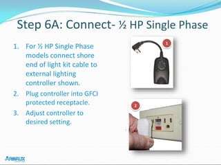 Step 6A: Connect- ½ HP Single Phase
1. For ½ HP Single Phase
models connect shore
end of light kit cable to
external lighting
controller shown.
2. Plug controller into GFCI
protected receptacle.
3. Adjust controller to
desired setting.
.
1
2
 