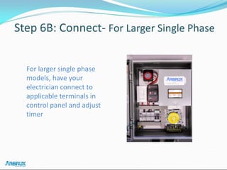 Step 6B: Connect- For Larger Single Phase
For larger single phase
models, have your
electrician connect to
applicable terminals in
control panel and adjust
timer
 