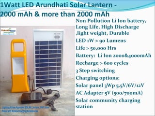 1Watt LED Arundhati Solar Lantern -
2000 mAh & more than 2000 mAh
Non Pollution Li Ion battery,
Long Life, High Discharge
,light weight, Durable
LED 1W > 90 Lumens
Life > 50,000 Hrs
Battery: Li Ion 2000&4000mAh
Recharge > 600 cycles
3 Step switching
Charging options:
Solar panel 3Wp 5.5V/6V/12V
AC Adapter 5V (500/700mA)
Solar community charging
station
 