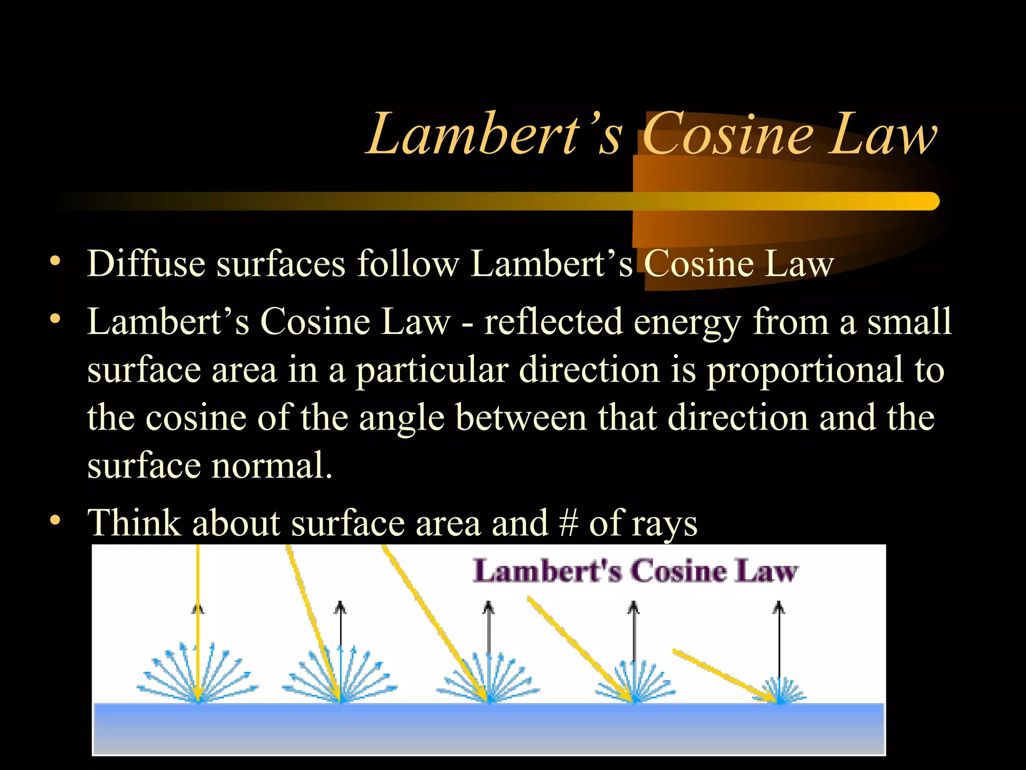 Lambert’s Cosine Law
• Diffuse surfaces follow Lambert’s Cosine Law
• Lambert’s Cosine Law - reflected energy from a small
surface area in a particular direction is proportional to
the cosine of the angle between that direction and the
surface normal.
• Think about surface area and # of rays
 
