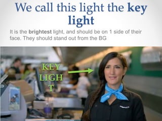 We call this light the key
light
It is the brightest light, and should be on 1 side of their
face. They should stand out from the BG
KEY
LIGH
T
 