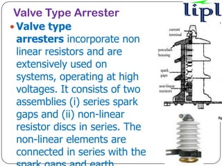 Valve Type Arrester
 Valve type
 arresters incorporate non
 linear resistors and are
 extensively used on
 systems, operating at high
 voltages. It consists of two
 assemblies (i) series spark
 gaps and (ii) non-linear
 resistor discs in series. The
 non-linear elements are
 connected in series with the
 
