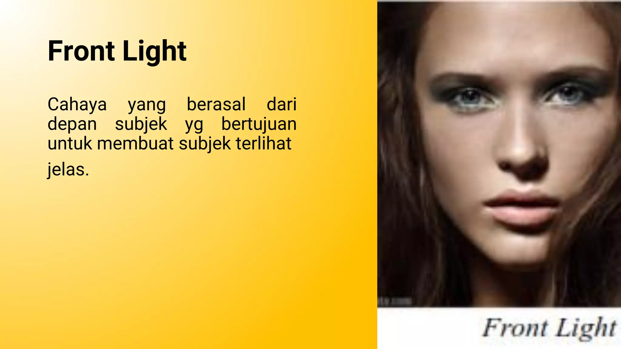 Front Light
Cahaya yang berasal dari
depan subjek yg bertujuan
untuk membuat subjek terlihat
jelas.
 