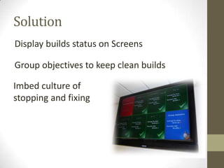 Solution
Display builds status on Screens

Group objectives to keep clean builds

Imbed culture of
stopping and fixing
 