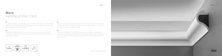NL
Organisch en elegant, zo laat de Wave zich nog het best omschrijven. Een hedendaagse
klassieker die zich zowel thuis voelt in eigentijdse als barokke interieurs en beiden met
evenveel smaak van LED-licht voorziet.
FR
Organique et élégant, voilà les meilleurs qualificatifs pour l’éclairage LED du Wave.
Un classique contemporain qui rehaussera avec autant de raffinement les intérieurs
modernes que baroques.
EN
Organic and elegant: that’s the best way to describe the Wave. A contemporary classic
that feels just as much at home in contemporary and baroque interiors, serving both
with an equal amount of tasteful LED light.
DE
Organisch und elegant, mit diesen Worten lässt sich der Wave noch am besten
beschreiben. Ein moderner Klassiker, der sich sowohl in zeitgenössischen als auch in
barocken Interieurs zu Hause fühlt und beide mit ebenso viel Geschmack mit LED-
Licht versorgt.
Wave
lighting profile C364
Wave 12 Wave 13
designed by Pierre Daems
OPTIMAL
LIGHT OUTPUT
110°
CLICK
LED ECO
 