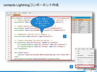 contacts Lightningコンポーネント作成
次ページのソー
スコードをコ
ピー&ペーストし
て下さい
1
2
 