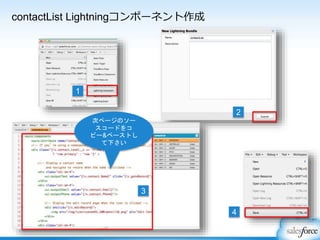 1
3
2
4
次ページのソー
スコードをコ
ピー&ペーストし
て下さい
contactList Lightningコンポーネント作成
 