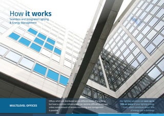 MULTILEVEL OFFICES
Offices which are distributed across different levels of a building
but have a common infrastructure can become difficult to manage,
unless some amount of remote monitoring and management
is possible.
How it works
Seamless and Integrated Lighting
& Energy Management
Our lighting solutions can save up to
74% or more of your lighting energy
costs, which constitute about 38%
of energy use in buildings
 