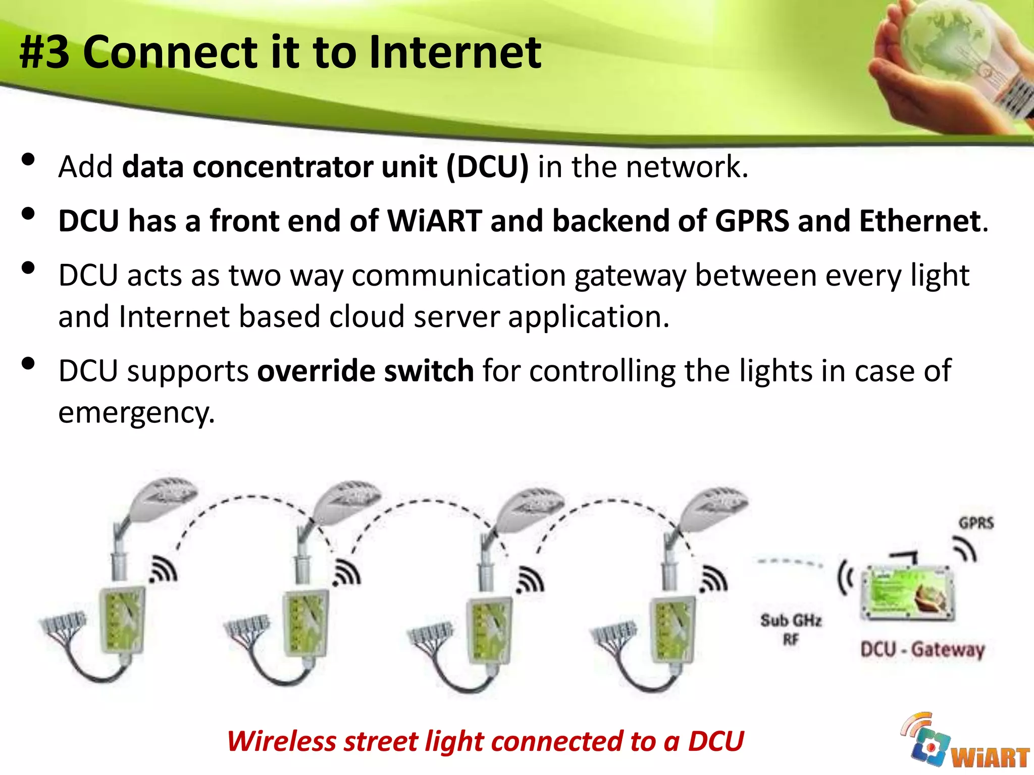 #3 Connect it to Internet
• Add data concentrator unit (DCU) in the network.
• DCU has a front end of WiART and backend of GPRS and Ethernet.
• DCU acts as two way communication gateway between every light
and Internet based cloud server application.
• DCU supports override switch for controlling the lights in case of
emergency.
Wireless street light connected to a DCU
 