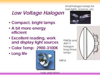 ©2005 JAMES BENYA
Low Voltage Halogen
• Compact, bright lamps
• A bit more energy
efficient
• Excellent reading, work
and display light sources
• Color Temp: 2900-3100K
• Long life
MR16
PAR36 and
AR111
halogen
long throw
lamps
Small halogen lamps for
task lights, sconces, etc.
 