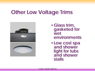 ©2005 JAMES BENYA
Other Low Voltage Trims
•Glass trim,
gasketed for
wet
environments
•Low cost spa
and shower
light for tubs
and shower
stalls
 