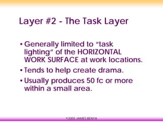 ©2005 JAMES BENYA
Layer #2 - The Task Layer
•Generally limited to “task
lighting” of the HORIZONTAL
WORK SURFACE at work locations.
•Tends to help create drama.
•Usually produces 50 fc or more
within a small area.
 