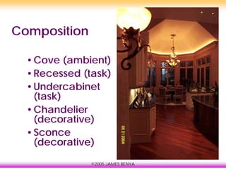 ©2005 JAMES BENYA
Composition
•Cove (ambient)
•Recessed (task)
•Undercabinet
(task)
•Chandelier
(decorative)
•Sconce
(decorative)
 
