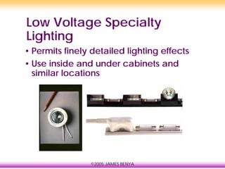 ©2005 JAMES BENYA
Low Voltage Specialty
Lighting
• Permits finely detailed lighting effects
• Use inside and under cabinets and
similar locations
 