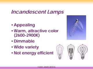 ©2005 JAMES BENYA
Incandescent Lamps
•Appealing
•Warm, attractive color
(2600-2900K)
•Dimmable
•Wide variety
•Not energy efficient
 