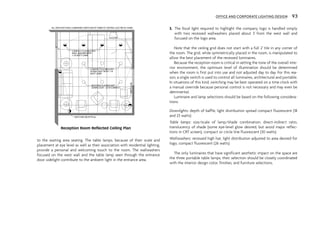 to the waiting area seating. The table lamps, because of their scale and
placement at eye level as well as their association with residential lighting,
provide a personal and welcoming touch to the room. The wallwashers
focused on the west wall and the table lamp seen through the entrance
door sidelight contribute to the ambient light in the entrance area.
3. The focal light required to highlight the company logo is handled simply
with two recessed wallwashers placed about 3' from the west wall and
focused on the logo area.
Note that the ceiling grid does not start with a full 2' tile in any corner of
the room. The grid, while symmetrically placed in the room, is manipulated to
allow the best placement of the recessed luminaires.
Because the reception room is critical in setting the tone of the overall inte-
rior environment, the optimum level of illumination should be determined
when the room is first put into use and not adjusted day to day. For this rea-
son, a single switch is used to control all luminaires, architectural and portable.
In situations of this kind, switching may be best operated on a time clock with
a manual override because personal control is not necessary and may even be
detrimental.
Luminaire and lamp selections should be based on the following considera-
tions:
Downlights: depth of baffle, light distribution spread compact fluorescent (18
and 23 watts)
Table lamps: size/scale of lamp/shade combination, direct-indirect ratio,
translucency of shade (some eye-level glow desired, but avoid major reflec-
tions in CRT screen), compact or circle line fluorescent (30 watts)
Wallwashers: recessed high hat, light distribution adjusted to area desired for
logo, compact fluorescent (26 watts)
The only luminaires that have significant aesthetic impact on the space are
the three portable table lamps; their selection should be closely coordinated
with the interior design color, finishes, and furniture selections.
SWITCH
OR
SWITCHED RECEPTICAL
RECESSED FLUORESCENT
DOWN LIGHT - 23 W COMPACT
COMPACT FLUORESCENT
DOWN LIGHT WITH 1-18
WATT LAMP
COMPACT FLUORESCENT
WALL WASHER WITH
1-26 WATT LAMP
ALL ARCHITECTURAL LUMINAIRES SWITCHED BY TIMER AT CENTRAL ELECTRICAL PANEL
$
$
Reception Room Reflected Ceiling Plan
OFFICE AND CORPORATE LIGHTING DESIGN 93
 