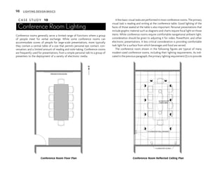 C A S E S T U D Y 10
Conference Room Lighting
Conference rooms generally serve a limited range of functions where a group
of people meet for verbal exchange. While some conference rooms can
accommodate scores of people for large-scale presentations, more typically
they contain a central table of a size that permits personal eye contact, con-
versation, and a limited amount of reading and note-taking. Conference rooms
are frequently used for presentations, from a simple personal talk to a group of
presenters to the deployment of a variety of electronic media.
A few basic visual tasks are performed in most conference rooms. The primary
visual task is reading and writing at the conference table. Good lighting of the
faces of those seated at the table is also important. Personal presentations that
include graphic material such as diagrams and charts require focal light on those
items. While conference rooms require comfortable navigational ambient light,
consideration should be given to adjusting it for video, PowerPoint, and other
electronic presentations. A less critical consideration is providing comfortable
task light for a surface from which beverages and food are served.
The conference room shown in the following figures are typical of many
modest-sized conference rooms, including their lighting requirements. As indi-
cated in the previous paragraph, the primary lighting requirement (1) is to provide
CREDENZA
PRESENTATION BOARD
N
FLUORESCENT SCONCE
INCANDESCENT
CANDELABRA
FLUORESCENT WALL WASHERS
$
$
$
Conference Room Floor Plan Conference Room Reflected Ceiling Plan
98 LIGHTING DESIGN BASICS
 