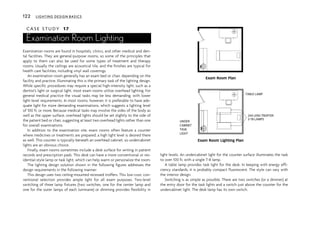 C A S E S T U D Y 17
Examination Room Lighting
Examination rooms are found in hospitals, clinics, and other medical and den-
tal facilities. They are general-purpose rooms, so some of the principles that
apply to them can also be used for some types of treatment and therapy
rooms. Usually the ceilings are acoustical tile, and the finishes are typical for
health care facilities, including vinyl wall coverings.
An examination room generally has an exam bed or chair, depending on the
facility and practice. Illuminating this is the primary task of the lighting design.
While specific procedures may require a special high-intensity light, such as a
dentist’s light or surgical light, most exam rooms utilize overhead lighting. For
general medical practice the visual tasks may be less demanding, with lower
light-level requirements. In most rooms, however, it is preferable to have ade-
quate light for more demanding examinations, which suggests a lighting level
of 100 fc or more. Because medical tasks may involve the sides of the body as
well as the upper surface, overhead lights should be set slightly to the side of
the patient bed or chair, suggesting at least two overhead lights rather than one
for overall examinations.
In addition to the examination site, exam rooms often feature a counter
where medicines or treatments are prepared; a high light level is desired there
as well. This counter is typically beneath an overhead cabinet, so undercabinet
lights are an obvious choice.
Finally, exam rooms sometimes include a desk surface for writing in patient
records and prescription pads. This desk can have a more conventional or res-
idential-style lamp or task light, which can help warm or personalize the room.
The lighting design solution shown in the following figures addresses the
design requirements in the following manner:
This design uses two ceiling-mounted recessed troffers. This low-cost, con-
ventional selection provides ample light for all exam purposes. Two-level
switching of three lamp fixtures (two switches, one for the center lamp and
one for the outer lamps of each luminaire) or dimming provides flexibility in
light levels. An undercabinet light for the counter surface illuminates the task
to over 100 fc with a single T-8 lamp.
A table lamp provides task light for the desk. In keeping with energy effi-
ciency standards, it is probably compact fluorescent. The style can vary with
the interior design.
Switching is as simple as possible. There are two switches (or a dimmer) at
the entry door for the task lights and a switch just above the counter for the
undercabinet light. The desk lamp has its own switch.
122 LIGHTING DESIGN BASICS
2X4 LENS TROFFER
3-T8 LAMPS
TABLE LAMP
UNDER
CABINET
TASK
LIGHT
Exam Room Plan
Exam Room Lighting Plan
 