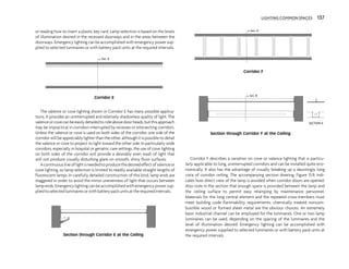 137
or reading how to insert a plastic key card. Lamp selection is based on the levels
of illumination desired in the recessed doorways and in the areas between the
doorways. Emergency lighting can be accomplished with emergency power sup-
plied to selected luminaires or with battery pack units at the required intervals.
The valence or cove lighting shown in Corridor E has many possible applica-
tions. It provides an uninterrupted and relatively shadowless quality of light. The
valenceorcovecanbeeasilydetailedtorideabovedoorheads,butthisapproach
may be impractical in corridors interrupted by recesses or intersecting corridors.
Unless the valence or cove is used on both sides of the corridor, one side of the
corridor will be appreciably lighter than the other, although it is possible to detail
the valence or cove to project its light toward the other side. In particularly wide
corridors, especially in hospital or geriatric care settings, the use of cove lighting
on both sides of the corridor will provide a desirably even wash of light that
will not produce visually disturbing glare on smooth, shiny floor surfaces.
Acontinuouslineoflightisneededtoproducethedesiredeffectofvalenceor
cove lighting, so lamp selection is limited to readily available straight lengths of
fluorescent lamps. In carefully detailed construction of this kind, lamp ends are
staggered in order to avoid the minor unevenness of light that occurs between
lamp ends. Emergency lighting can be accomplished with emergency power sup-
plied to selected luminaires or with battery pack units at the required intervals.
Corridor F describes a variation on cove or valence lighting that is particu-
larly applicable to long, uninterrupted corridors and can be installed quite eco-
nomically. It also has the advantage of visually breaking up a dauntingly long
vista of corridor ceiling. The accompanying section drawing, Figure 15.9, indi-
cates how direct view of the lamp is avoided when corridor doors are opened.
Also note in the section that enough space is provided between the lamp and
the ceiling surface to permit easy relamping by maintenance personnel.
Materials for the long central element and the repeated cross-members must
meet building code flammability requirements; chemically treated noncom-
bustible wood or formed sheet metal are the obvious choices. An extremely
basic industrial channel can be employed for the luminaires. One or two lamp
luminaires can be used, depending on the spacing of the luminaires and the
level of illumination desired. Emergency lighting can be accomplished with
emergency power supplied to selected luminaires or with battery pack units at
the required intervals.
Sec. A
Sec. A
Sec. B
SECTION A
Corridor E
Section through Corridor E at the Ceiling
Corridor F
Section through Corridor F at the Ceiling
LIGHTING COMMON SPACES 137
 