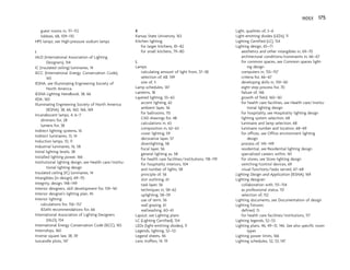 guest rooms in, 111–112
lobbies, 68, 109–110
HPS lamps, see High-pressure sodium lamps
I
IALD (International Association of Lighting
Designers), 154
IC (insulated ceiling) luminaires, 14
IECC (International Energy Conservation Code),
165
IESNA, see Illuminating Engineering Society of
North America
IESNA Lighting Handbook, 38, 66
IIDA, 160
Illuminating Engineering Society of North America
(IESNA), 38, 66, 160, 166, 169
Incandescent lamps, 4, 6–7
dimmers for, 28
lumens for, 38
Indirect lighting systems, 16
Indirect luminaires, 13, 14
Induction lamps, 10, 11
Industrial luminaires, 16, 58
Initial lighting levels, 38
Installed lighting power, 166
Institutional lighting design, see Health care/institu-
tional lighting design
Insulated ceiling (IC) luminaires, 14
Intangibles (in design), 69–70
Integrity, design, 148–149
Interior designers, skill development for, 159–161
Interior designer’s lighting plan, 45
Interior lighting:
calculations for, 156–157
IESAN recommendations for, 66
International Association of Lighting Designers
(IALD), 154
International Energy Conservation Code (IECC), 165
Internships, 160
Inverse square law, 38, 39
Isocandle plots, 147
K
Kansas State University, 163
Kitchen lighting:
for larger kitchens, 81–82
for small kitchens, 79–80
L
Lamps:
calculating amount of light from, 37–38
selection of, 68, 149
size of, 5
Lamp schedules, 147
Lanterns, 18
Layered lighting, 55–63
accent lighting, 62
ambient layer, 56
for ballrooms, 115
CAD drawings for, 48
calculations in, 63
composition in, 62–63
cover lighting, 59
decorative layer, 57
downlighting, 58
focal layer, 56
general lighting as, 58
for health care facilities/institutions, 118–119
for hospitality interiors, 104
and number of lights, 58
principle of, 56
slot outlining, 61
task layer, 56
techniques in, 58–62
uplighting, 58–59
use of term, 56
wall grazing, 61
wallwashing, 60–61
Layout, see Lighting plans
LC (Lighting Certified), 154
LEDs (light-emitting diodes), 11
Legends, lighting, 52–53
Legend sheets, 46
Lens troffers, 14, 19
Light, qualities of, 3–6
Light-emitting diodes (LEDs), 11
Lighting Certified (LC), 154
Lighting design, 65–71
aesthetics and other intangibles in, 69–70
architectural conditions/constraints in, 66–67
for common spaces, see Common spaces light-
ing design
computers in, 155–157
criteria for, 66–67
developing skills in, 159–161
eight-step process for, 70
failure of, 146
growth of field, 160–161
for health care facilities, see Health care/institu-
tional lighting design
for hospitality, see Hospitality lighting design
lighting system selection, 68
luminaire and lamp selection, 68
luminaire number and location, 68–69
for offices, see Office environment lighting
design
process of, 145–149
residential, see Residential lighting design
specialized careers within, 161
for stores, see Store lighting design
switching/control devices, 69
visual functions/tasks served, 67–68
Lighting Design and Application (IESNA), 169
Lighting designer:
collaboration with, 151–154
as professional status, 151
selection of, 152
Lighting documents, see Documentation of design
Lighting fixtures:
defined, 13
for health care facilities/institutions, 117
Lighting legends, 52–53
Lighting plans, 46, 49–51, 146. See also specific room
types
Lighting power limits, 166
Lighting schedules, 52, 53, 147
INDEX 175
 