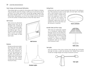 Track, Canopy, and Semirecessed Wallwashers
These display lights are suitable for illuminating a wall of objects or displays.
They are typically used with ceilings or soffits up to 12' and wash an area of
wall about 3' to 4' wide. Lamp choices include high-wattage tungsten halo-
gen lamps (100-500 watts), T-5 twin tube fluorescent lamps, and metal
halide lamps. Wallwashing is one of the most energy-intensive techniques,
so limit the number of washed surfaces to those that really need it.
Wall Sconces
Wall sconces are a decorative
lighting source that can be
equipped with incandescent
or compact fluorescent light-
ing to provide an attractive
and effective light. They can
be used in hotels and motels,
office corridors and lobbies,
and a wide variety of other
space types.
Pendants
Pendants are decorative lights
that hang from the ceiling.
They are often used in stores,
hotels, and restaurants as
much for their appearance as
for light. While usually de-
signed to use incandescent or
halogen lamps, the increasing
number of lamp choices
includes hard-wired compact
fluorescent lamps.
Ceiling Drums
Ceiling drums are round or square luminaires that mount to the ceiling sur-
face. They typically are used as corridor lights, rest room lights, closet lights,
and in many locations where a mod-
est amount of light is needed. Drums
tend to be inexpensive. A lens or dif-
fuser surrounds and protects the
lamp. Drums can be utilitarian or
ornamental; rough service drums are
available that can be used where van-
dal resistance is important.
Portable Table and Floor Lamps
Table lamps are traditionally supplied
as an incandescent lighting system,
although versions are now being rein-
vented to employ hardwired compact
fluorescent lamps. The secret of using
a fluorescent lamp in a traditional
luminaire is to divide the preferred
incandescent watts by 3.5 to deter-
mine fluorescent watts.
Task Lights
Since the invention of the classic architect lamp decades ago, the flexible
task light has been a useful and attractive tool. Modern lamp options
include low-voltage halogen and compact fluorescent versions.
22 LIGHTING DESIGN BASICS
Wall Sconce
Pendant Lights
Drum Luminaire
Table Lamp
Task Light
 