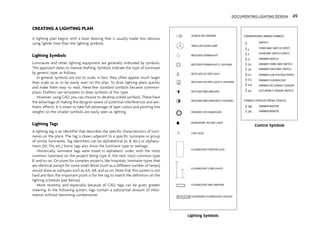 CREATING A LIGHTING PLAN
A lighting plan begins with a base drawing that is usually made less obvious
using lighter lines than the lighting symbols.
Lighting Symbols
Luminaires and other lighting equipment are generally indicated by symbols.
This approach dates to manual drafting. Symbols indicate the type of luminaire
by generic type, as follows.
In general, symbols are not to scale; in fact, they often appear much larger
than scale so as to be easily seen on the plan. To draw lighting plans quickly
and make them easy to read, these few standard symbols became common-
place. Drafters use templates to draw symbols of this type.
However, using CAD, you can choose to develop scaled symbols. These have
the advantage of making the designer aware of potential interferences and aes-
thetic effects. It is smart to take full advantage of layer colors and plotting line
weights so the smaller symbols are easily seen as lighting.
Lighting Tags
A lighting tag is an identifier that describes the specific characteristics of lumi-
naires on the plans. The tag is drawn adjacent to a specific luminaire or group
of similar luminaires. Tag identifiers can be alphabetical (A, B, etc.) or alphanu-
meric (A1, F1a, etc.) Some tags also show the luminaire type or wattage.
Historically, luminaire tags were listed in alphabetic order, with the most
common luminaire on the project being type A, the next most common type
B, and so on. On plans for complex projects like hospitals, luminaire types that
are identical except for some small detail (such as a different number of lamps)
would show as subtypes such as AA, AB, and so on. Note that this system is not
hard and fast; the important point is for the tag to match the definition on the
lighting schedule (see below).
More recently, and especially because of CAD, tags can be given greater
meaning. In the following system, tags contain a substantial amount of infor-
mation without becoming cumbersome.
SCONCE OR LANTERN
TABLE OR FLOOR LAMP
RECESSED DOWNLIGHT
RECESSED DOWNLIGHT IC HOUSING
RECESSED ACCENT LIGHT
RECESSED ACCENT LIGHT IC HOUSING
PENDANT OR CHANDELIER
MONOPOINT ACCENT LIGHT
STEP LIGHT
FLUORESCENT TROFFER (2X4)
FLUORESCENT STRIP LIGHTS
RECESSED WALLWASHER
RECESSED WALLWASHER IC HOUSING
FLUORESCENT WALLWASHER
SUSPENDED FLUORESCENT UPLIGHT
S
S
S
S
S
SWITCH
THREE WAY SWITCH (SPDT)
FOUR WAY SWITCH (DPDT)
DIMMER SWITCH
DIMMER THREE WAY SWITCH
3
4
D
D3
S
S
S
DIMMER LOW VOLTAGE RATED
DIMMER FLUORESCENT
DIMMER OCCUPANCY SENSOR
DLV
D
DOS
F
S OCCUPANCY SENSOR SWITCH
OS
S DIMMER FOUR WAY SWITCH
D4
S DIMMER MASTER
DM
S DIMMER REMOTE
DR
CONVENTIONAL WIRING SYMBOLS
SYMBOLS FOR ELECTRONIC DEVICES
Lighting Symbols
Control Symbols
DOCUMENTING LIGHTING DESIGN 49
 