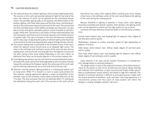 1. The need and desire for ambient lighting is met by several lighting elements.
The sconces on the north wall provide a blanket of light for that side of the
room, the intensity of which can be adjusted by the controlling dimmer
switch. The portable lighting adds to the quantity and effectiveness of the
ambient lighting, with three table lamps and the floor lamp contributing pri-
marily to the conversation area at the west end of the room. The sconces and
the floor and table lamps, if their baffles and shades are translucent, can also
add much eye-level glow, a desirable quality if a sense of sparkle or warmth is
sought. While their contribution is secondary to those mentioned above, the
five wallwashers and three accent luminaires represent still another element
of ambient light. The many luminaires in the room (14 fixed and 4 portable),
call for many ways of adjusting the quality of ambient light by selecting those
to be turned on as well as by adjusting their output through dimmer controls.
2. The primary reading chair is positioned in the northeast corner of the room,
where the adjacent sconce should serve as an adequate light source. The
chairs in the northwest and southwest corners of the room can also serve as
reading chairs, with the former receiving light from the adjacent sconces and
the latter having a floor lamp nearby. Depending on the users’ habits, an
additional floor lamp can be placed adjacent to the primary reading chair.
3. Focal lighting requirements are met with the five recessed wallwashers direct-
ed toward the south wall and the three adjustable accent luminaires directed
toward the wall above the fireplace mantel, the center area of the north wall,
and the shelving/cabinetwork unit at the north end of the east wall.
4. Television viewing presents lighting problems in multipurpose spaces such
as living rooms. When TV is viewed in a room or space used primarily for
that purpose, creating appropriate lighting is simply accomplished. In this
example, many of the luminaires could create unwanted reflections on the
TV screen. The only luminaires that will not adversely affect TV viewing are
the wallwashers facing the south wall. If the sconces on the north wall are
dimmed for low output, their negative effect could be quite minor. Adding
a floor lamp in the northeast corner of the room would balance the lighting
of the room during the viewing period.
Because flexibility in lighting is essential in living rooms, most lighting
should be controlled with dimmer switches. With dimmers, the lighting of the
room can be adjusted to achieve just the right quality for any occasion
Luminaire and lamp selections should be based on the following considera-
tions:
Sconces: direct-indirect ratio, task (reading) light for adjacent chairs, degree of
eye-level glow and/or sparkle.
Wallwahsers: recessed or surface mounted, spread of light (depending on
graphics, if known).
Table lamps: direct-indirect ratio, diffuse shade, degree of eye-level glow
and/or sparkle.
Floor lamp: direct-indirect ratio, task (reading) light for adjacent chair, diffuse
shade, degree of eye-level glow and/or sparkle.
Lamp selection in all cases can be compact fluorescent or incandescent,
with wattage based on personal preference.
The design quality or style of the selected luminaires will be determined pri-
marily by the quality or style of the architectural and interior design detailing
and materials, from traditional cut glass (sconces) and fringed shades (porta-
bles) to contemporary woods, plastics, and metals to high-tech materials. This
element of luminaire selection is difficult to articulate because it deals with
the elusive elements of aesthetics, style, and taste. Only long experience in a
trial-and-error process over the course of many projects will inform the
designer in making intelligent aesthetic decisions.
76 LIGHTING DESIGN BASICS
 