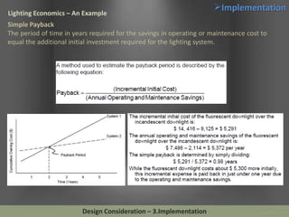 Lighting Economics – An Example

Implementation

Simple Payback
The period of time in years required for the savings in operating or maintenance cost to
equal the additional initial investment required for the lighting system.

Design Consideration – 3.Implementation

 