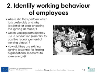 2. Identify working behaviour
of employees
 Where did they perform which
task preferably and why
(essential for cross-checking
the lighting demand)?
 Which walking path did they
use in production (essential for
possible rearrangement of
working places)?
 How did they use existing
lighting (essential for finding
organisational measures to
save energy)?

Co-funded by the Intelligent Energy Europe
Programme of the European Union

Introduction - Theory - Exercises - Business Case - Summary

11

 
