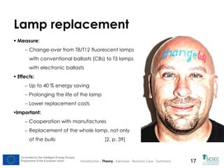 Lamp replacement
 Measure:
 Change-over from T8/T12 fluorescent lamps
with conventional ballasts (CBs) to T5 lamps
with electronic ballasts

 Effects:
 Up to 40 % energy saving
 Prolonging the life of the lamp
 Lower replacement costs

Important:
 Cooperation with manufactures
 Replacement of the whole lamp, not only
of the bulb

Co-funded by the Intelligent Energy Europe
Programme of the European Union

[2, p. 39]

Introduction - Theory - Exercises - Business Case - Summary

17

 