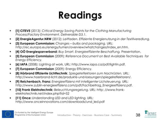 Readings












[1] CITEVE (2013): Critical Energy Saving Points for the Clothing Manufacturing
Process/Factory Environment, Deliverable D3.1.
[2] EnergieAgentur.NRW (2012): Leitfaden. Effiziente Energienutzung in der Textilveredlung.
[3] European Commission: Changes – bulbs and packaging. URL:
http://ec.europa.eu/energy/lumen/overview/whatchanges/index_en.htm.
[4] OÖ Energiesparverband: Buy Smart. Energieeffiziente Beschaffung. Presentation.
[5] European Commission (2009): Reference Document on Best Available Techniques for
Energy Efficiency.
[6] IAPA (2008): Lighting at work. URL: http://www.iapa.ca/pdf/lightin.pdf.
[7] European Commission (2009): Energy Efficiency.
[8] Hörbrand Effiziente Lichttechnik: Spiegelreflektoren zum Nachrüsten. URL:
http://www.hoerbrand-licht.de/produkte-und-loesungen/spiegelreflektoren/.
[9] Reichenbach, Franz: Energieeffizienz mit intelligenter Lichsteuerung. URL:
http://www.zublin-energieeffizienz.com/pdf/Fachbeitrag_Energieeffizienz.pdf.
[10] Frank Elektrotechnik: Beleuchtungsregelung. URL: http: //www.frankelektrotechnik.net/index.php?id=52
[11] Once: Understanding LED and LED lighting. URL:
http://www.onceinnovations.com/downloads/und_led.pdf

Co-funded by the Intelligent Energy Europe
Programme of the European Union

Introduction - Theory - Exercises - Business Case - Summary

38

 