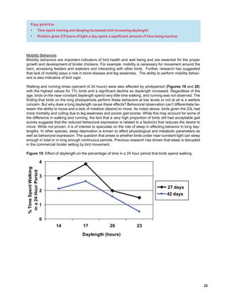 Key points:
• Time spent resting and sleeping increased with increasing daylength.
• Broilers given 23 hours of light a day spent a significant amount of time being inactive.
 
