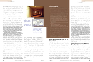 Energy-Efficient Lighting, The Aging Eye, And
Universal Design
Revisiting the issues that characterize our visual needs as
we get older, we know we must respect glare, accommoda-
tion, orientation, and way-finding; and we must minimize
equipment replacement in order to avoid climbing ladders,
thus inviting accidents. Here are some ways fluorescent and
LED sources comply:
Fluorescent Sources
Linear fluorescents make wonderful indirect sources,
addressing many of the aging eye issues. They cover a
greater area than incandescent sources; linear fluorescents
lend themselves to architectural applications such as coves
and valances. They can provide soft indirect lighting that fills
in shadows, minimizes glare, and utilizes the room surfaces
as light sources, while being easily concealed behind decorative
moldings. Both linear fluorescents and CFLs have a higher
efficacy than incandescents, emitting approximately 4x as
much light for equal wattage consumed, which translates
to one-fourth of the operating cost. They live approximate-
ly 10x as long as incandescents, so they require less fre-
quent replacement, which saves money while reducing
the risk of falls. CFLs are extremely well suited to table and
floor lamps, as well as sconces if housed within a diffuse
or colored shade.
LED Sources
LEDs have a unique benefit to the aging eye. As we
age, our circadian system, which responds to light differ-
ently than our visual system, weakens. Our sleep patterns
become irregular. Exposure to the right amount and inten-
sity of light at the right time of day can help regulate our
circadian rhythm.
The wavelength of the blue LED, peaking at 470
nanometers (nm) happens to be the perfect color and
intensity of light to activate our circadian system much
more quickly than white light sources. Humans are blue
sky detectors; light entrains our 24-hour sleep/wake cycle
to the solar day. The amount of light reaching the retina is
a key to melatonin suppression, which occurs during the
night while we sleep. We can consolidate the amount of
our light exposure to help regulate our night-time schedule.
In addition, colored as well as white LEDs can provide
sufficient light to help in navigation and orientation from
one room to another, and can do so at levels that do not
disturb the homeowner.
Rather than be confined in a single lightbulb, LEDs can
be distributed, so they can run linearly in the narrowest of
places. Under counters and toe kicks––to delineate
edges; around door jambs for contrast; behind grab bars
for night guidance; for handrails and step lighting, indoors
and out, for safety.
Lighting For Universal Design: A “Universal
Design Living Laboratory”
All we’ve touched on brings us back to our main topic,
lighting for universal design. Since universal design cov-
ers such a broad range of life situations, we can apply the
considerable lighting knowledge we’ve gathered regard-
ing the diverse phases of life: newborns, teenagers, older
adults, those with sleep disorders, and those with compro-
mised vision; those with mobility issues, or those that are
in general good health with no disabilities to speak of. The
following example is a good illustration.
In the spring semester of 2006, the graduate students
of the Lighting Research Center, part of Rensselaer
Polytechnic Institute in Troy, New York, worked closely with
DESIGN
universal
The Color Of Light
There are two metrics associated with the color
of light sources. One refers to the appearance of
the color the sources emit––correlated color tem-
perature (CCT); and the other refers to the way
they render color in objects, including skin tones,
their color rendering index (CRI). While incandes-
cent or halogens emit a gold or yellowish color,
fluorescents offer degrees of “white” light from
yellow, or gold (warm), to bluish white (cool).
Each color is associated with a CCT and
expressed in degrees Kelvin (K). The yellower
the CCT, the lower is the number on a scale of 0
to 10,000. Approximate ranges for each source
are as follows:
• Incandescent and halogen sources––2700K
to 3000K
• CFLs––2700K to 6500K
• Linear fluorescents––3000K to 7500K
CRI is based on a scale of 0 to 100, with 100
being the best. Incandescents typically are rated
with a high CRI, close to 100. CFLs and linear flu-
orescents can range from the low 50s to the high
80s. It’s important to read the package label
when looking for the CCT and CRI of fluorescent
sources. ENERGY STAR®
products guarantee a
good CRI, since ENERGY STAR requires CFLs to
have a CRI greater than 80 and linear fluores-
cents to have a CRI greater than 75.
efficacies of 55 to 75 lm/W. Unlike incandescent sources, fluo-
rescent sources are a system, made up of a lamp (bulb) and
ballast, which is needed to start them and regulate the current
running through them.
Fluorescents are touted as energy-efficient because of
their longer life as well as their higher efficacies than incan-
descent. While incandescent bulbs have a life of 800 to 2,000
hours, fluorescents last from 6,000 to 20,000 hours, reducing
replacement and maintenance costs.
The higher efficacy of fluorescents translates to 4x as
much light as an incandescent for equal amounts of energy
consumed––meaning a 15-watt fluorescent is the equivalent
of a 60-watt incandescent in light output. The caution here is
that the distribution of light is not always the same, so be
careful to match expectations. Take a parabolic aluminized
reflector (PAR) lamp, for example. A PAR lamp is often used
as the recessed floodlight or spotlight in our homes; it not
only has a filament providing center beam candlepower, but
also has a built-in reflector. This allows all of the lumens to be
directed down where they're needed. A recessed CFL will not
perform the same way. It doesn’t have a filament to provide
that center beam punch. Therefore, to place a lot of light
directly on a work surface where it’s needed, a halogen PAR
or MR16 (2-inch diameter low-voltage multi-faceted reflector
bulb) may be the better solution (Figure 5).
Dimming is desirable and recommended in residential
applications, and it is easily achieved with incandescent tech-
nology. In fact, when dimming an incandescent you can
extend its life exponentially, so it’s a great energy-savings
technique. Be aware though, that an incandescent will
become more golden in color when dimmed. While some lin-
ear and compact versions of fluorescents have dimming
options, it is not always easy or cheap to accomplish. A dim-
ming ballast and sometimes special wiring for the dimmer
switch is required. It is important to understand how different
light sources behave in order to make good decisions on how
to use them for maximum benefit.
Fluorescent is not the only technology being considered as
energy-efficient these days. In fact, some may say it’s so
“20th century.” So who’s the new kid on the block? Light emit-
ting diodes (LEDs), a type of solid-state lighting, hold promise
of becoming the great energy saver of the 21st century.
LEDs
LEDs are a solid-state source, so they have no breakable
parts, such as a delicate filament or glass envelope. They are
robust but small. Their diminutive size allows them to fit in the
smallest of spaces. They are easily controllable, so dimming
is not an issue as it is with fluorescents. They provide dynam-
ic color changing and so offer endless possibilities to create
different moods and atmospheres. Their life is tens of thousands
of hours, varying with color and type of LED. Their efficacy
(there’s that word again!) is eclipsing that of the incandescent
and even fluorescent as we speak. U.S. Department of
Energy (US DOE) projections are for LEDs to reach at least
150 lm/W by the year 2012. Products are emerging in the
market faster than metrics and standards can be developed.
Previously confined to the electronics industry for backlighting
digital clocks, radios, computers, and cell phones, the LED’s
merits have propelled it forth into prime time. While the LED is
not new by any means––it has been around since the
60s––the invention of the blue LED about a decade ago
enabled the creation of the white LED––and this ushered in
the feasibility of using LEDs as a source of general illumination.
Like fluorescent sources, LEDs operate as a system, which
includes electrical, optical, and thermal components. Unlike
fluorescents, they behave well in cold environments such as
outdoors or inside refrigerated cases.
As with all light sources, we must use LEDs wisely, or we
may be disappointed, and they will never fully reach their
potential.
(Figure 4) Avoid
creating pools of
light; patterns
can be
disorienting to
the aging eye.
(Figure 5) Different
distributions of an
A-lamp, a PAR lamp,
and an MR 16 lamp
DESIGN
universal
Ultimate Home Design • Issue 07 • January/February 200754 Page 5/10 www.UltimateHomeDesign.com • Issue 07 • January/February 2007Page 6/10 55
#07 Master Pages 46-68 12/18/06 9:00 AM Page 54
 