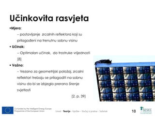Učinkovita rasvjeta 
Mjera: 
 postavljanje zrcalnih reflektora koji su 
prilagođeni na trenutnu sobnu visinu 
 Učinak: 
 Optimalan učinak, do trostruke vrijednosti 
[8] 
 Važno: 
 Vezano za geometrijski položaj, zrcalni 
reflektori trebaju se prilagoditi na sobnu 
visinu da bi se izbjeglo prerano širenje 
svjetlosti 
[2, p. 39] 
Co-funded by the Intelligent Energy Europe 
Programme of the European Union Uvod - Teorija - Vježbe – Slučaj iz prakse - Sažetak 
18 
 