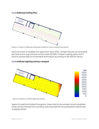 4.2.4​ Reflected Ceiling Plan 
 
 
Figure 4.1: Space A reflected ceiling plan based on lumen method calculation. 
 
Each luminaire is installed 1.5m apart from each other. 48 light fixtures are controlled 
by 3 sets of one way switches to illuminate 123.78m​2​
of open reading space and IT 
zone to achieve 300 lux of standard illumination according to MS 1525 for library. 
 
4.2.5​ Artificial Lighting Contour Analysis 
 
 
 
Figure 4.2: Space A artificial lighting contour. 
 
 
Space A is well illuminated throughout. Areas next to the window remain brightest 
while corners furthest from windows and areas behind the perforated metal screen 
is slightly darker.   
Building Science II Lighting Integration Project
 
