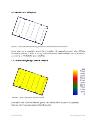 4.3.4​ Reflected Ceiling Plan 
 
 
Figure 4.6: Space A reflected ceiling plan based on lumen method calculation. 
 
Luminaires are arranged in sets of 3 and installed 1.8m apart from each other. 18 light 
fixtures illuminate 71.36m​2​
of library office to achieve 300 lux of standard illumination 
according to MS 1525 for general office. 
 
4.3.5​ Artificial Lighting Contour Analysis 
 
 
 
Figure 4.7: Space A artificial lighting contour. 
 
 
Space B is well illuminated throughout. The entire room is well lit but corners 
furthest from light sources are slightly darker. 
Building Science II Lighting Integration Project
 